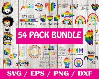 May include: A set of 54 digital cut files featuring pride-themed designs. The designs include rainbows, hearts, peace signs, and text such as "Love is Love", "Free Mom Hugs", and "Choose Love". The files are available in SVG, EPS, PNG, and DXF formats.