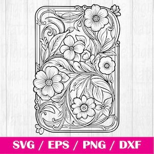 May include: Black and white line art design of a floral pattern with a square frame. The design features intricate details of leaves and flowers.
