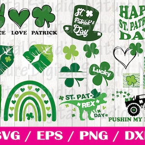 Könnte beinhalten: Ein Set mit 14 digitalen Schnittdateien mit St. Patrick's Day-Motiven. Die Designs beinhalten ein Peace-Zeichen, ein Herz, ein Kleeblatt, einen Koboldhut, einen Regenbogen, einen Dinosaurier, einen Monstertruck und mehr. Die Designs sind in Grün, Schwarz und Weiß.