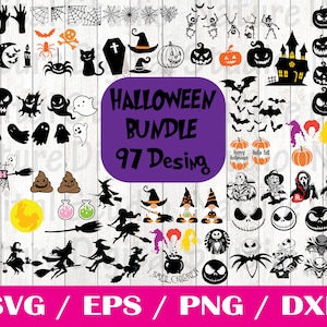 Könnte beinhalten: Ein digitaler Download von 97 Halloween-motivierten SVG-, EPS-, PNG- und DXF-Dateien. Die Bilder beinhalten Kürbisse, Geister, Fledermäuse, Hexen und andere gruselige Figuren. Der Text "HALLOWEEN BUNDLE 97 DESING" wird in einem lila Banner angezeigt.