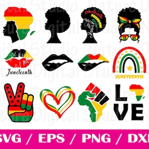以下が含まれることがあります： Juneteenth を祝うさまざまなデザインのデジタルカットファイルセット。デザインには、平和のサイン、ハート、拳、虹、唇、アフロの女性シルエットが含まれています。デザインは赤、黄、緑、黒です。