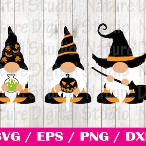 Könnte beinhalten: Drei Halloween-Zwerge mit schwarzen Hüten und orange-schwarzen gestreiften Hosen. Der Zwerg links hält eine grüne Zaubertrankflasche, der Zwerg in der Mitte hält eine Kürbislaterne und der Zwerg rechts hält einen Besen.