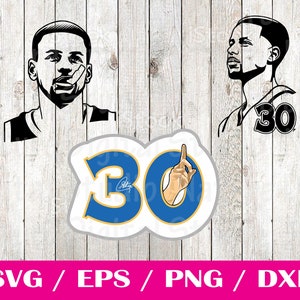 Puede incluir: Silueta en blanco y negro de un jugador de baloncesto con el número 30 en su camiseta. Una imagen separada muestra el número 30 en azul y dorado con una mano apuntando hacia arriba.