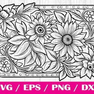 May include: Black and white line art design of a floral pattern with sunflowers and leaves inside a square frame. The design is perfect for crafting projects, such as cutting, etching, or embroidery.