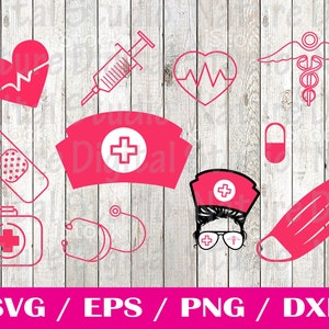 Puede incluir: Un conjunto de 11 archivos de corte SVG de temática de enfermería en rosa y blanco. Los diseños incluyen un corazón con una línea de latido del corazón, una jeringa, un corazón con una línea de latido del corazón, un caduceo, una venda, un gorro de enfermera, una píldora, una enfermera con gafas, una mascarilla facial, un botiquín de primeros auxilios y un estetoscopio.