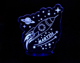 Personalized Rocket Night Light - 3D LED Lamp - Custom Birthday Gift With Name- Space Lamp For Kids