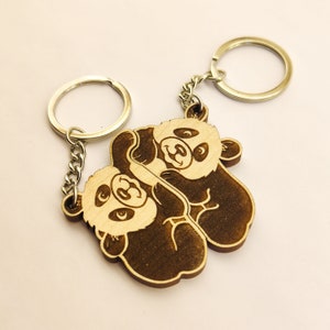 Personalized Interlocking Panda  Keychain Set With Custom Names Engraving - Matching Gift For Couples - Wooden Keyrings