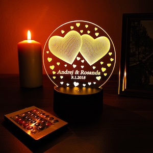 Personalized Hearts Night Light - 3D LED Lamp - Custom Anniversary Gift With Names And Date - Romantic Gift For Couple - Valentine&#39;s Day