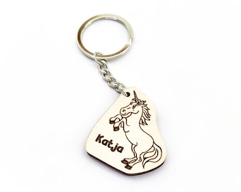 Personalized Unicorn Wooden Keyring / Keychain With Custom Name Engraving - Gift for Kids