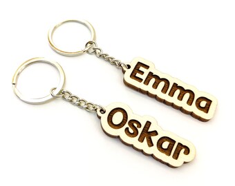 Personalized Name Wooden Keyring / Keychain With Custom Name Engraving - Comic-style Keychain - Gift for Kids