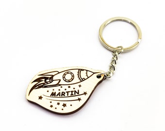 Personalized Rocket Wooden Keyring / Keychain With Custom Name Engraving - Gift for Kids