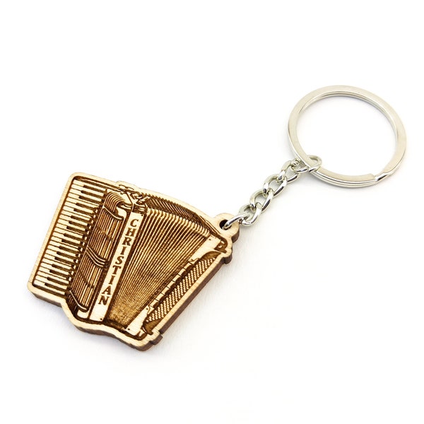 Personalized Piano-Accordion Wooden Keyring / Keychain With Custom Name Engraving - Folk Music / Harmonika - Gift For Accordion Players