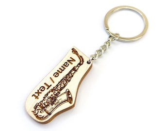 Personalized Saxophone Wooden Keyring / Keychain With Custom Name Engraving - Gift for Saxophonist / Musician