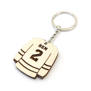 Personalized Hockey Jersey Wooden Keyring / Keychain With Custom Name And Number Engraving