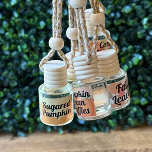 Puede incluir: Una colecci&oacute;n de peque&ntilde;as botellas de vidrio transparente con tapas de madera y etiquetas decorativas. Las etiquetas presentan textos como "Sugared Pumpkin" y "Fall Leaves". Cada botella est&aacute; suspendida por una cuerda, lo que sugiere que son ambientadores.