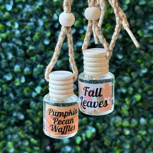 Puede incluir: Dos peque&ntilde;os frascos de vidrio con tapas de madera y etiquetas. Una etiqueta dice "Pumpkin Pecan Waffles" y la otra "Fall Leaves". Los frascos est&aacute;n suspendidos por una cuerda dorada con cuentas de madera, sobre un fondo verde.
