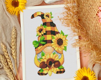 Girl with sunflowers, Cross stitch pattern, Gnome cross stitch, Cute cross stitch, Modern cross stitch, Sunflowers cross stitch