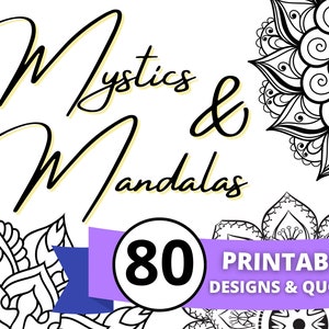 Puede incluir: Una pancarta morada con el texto "80 Diseños imprimibles y citas" y las palabras "Mystics & Mandalas" en texto negro y amarillo. La imagen también presenta diseños de mandalas en blanco y negro.