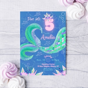 Editable Mermaid Birthday Invitation, Girls Party, Dive Into Five, 5th Birthday, Invite, Template, Canva, INSTANT DOWNLOAD