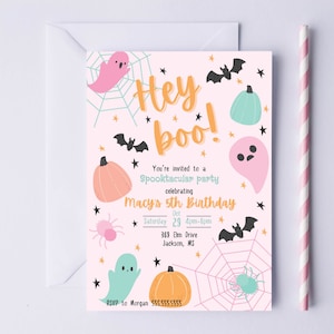 Editable Halloween Birthday Invitation, Girl Birthday Party, Halloween Birthday Party, Hey Boo, Invite, Template, Canva, INSTANT DOWNLOAD