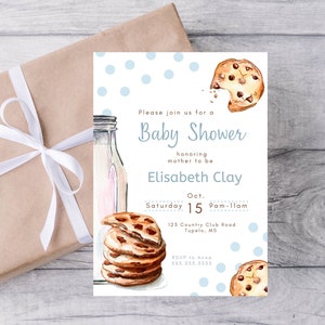 Editable Baby Shower Invitation, Cookies & Milk Baby Shower, Cookies and Milk, Baby Boy, Invite, Template, Canva, INSTANT DOWNLOAD