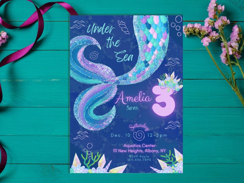 Editable Mermaid Birthday Invitation, Girls Party, Under the Sea, 3rd