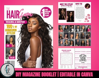 May include: A pink and white DIY magazine booklet. The cover features a woman with long, wavy black hair. Text includes "The Hair Glam" and "100's of Gorgeous Styles!" Inside pages display hairstyles, stylist details, and a word search puzzle.
