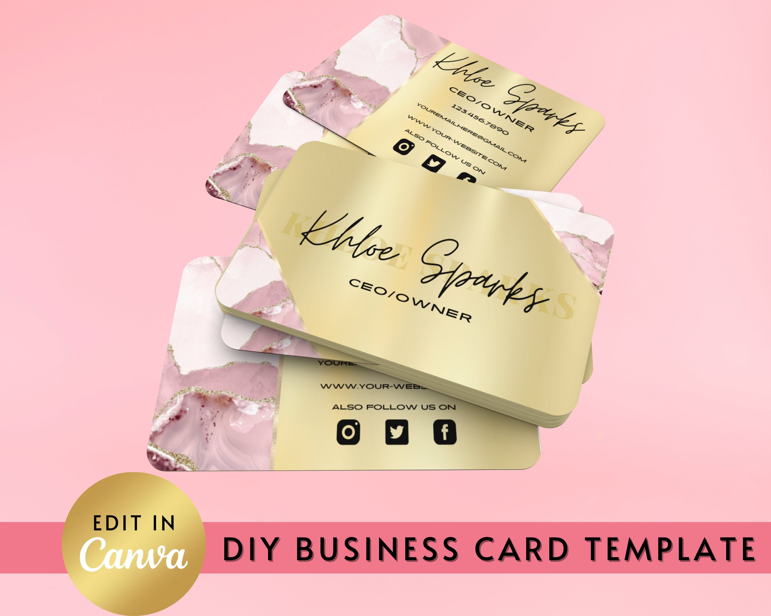 Editable Pink and Gold Agate Business Cards Canva Template - Etsy