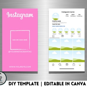 Puede incluir: Una plantilla de Instagram rosa y blanca para Canva con el texto "Instagram" en la parte superior, un cuadrado blanco para agregar un c&oacute;digo o una imagen, y el texto "@YOURINSTAGRAMTAG" y "WWW.YOURSITE.COM". El lado derecho de la plantilla muestra un perfil de Instagram de muestra con un icono de paisaje verde y azul, el texto "Nombre de Instagram", "444 publicaciones", "2567 seguidores", "150 seguidos", "NOMBRE DEL PERFIL", "profesi&oacute;n/categor&iacute;a aqu&iacute;", "Insertar biograf&iacute;a aqu&iacute;", "WWW.YOURSITEHERE.COM", y iconos para "Pol&iacute;ticas", "Rese&ntilde;as", "Precios", "Contacto" y "Clientes".