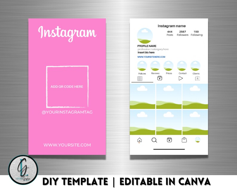 Puede incluir: Una plantilla de Instagram rosa y blanca para Canva con el texto "Instagram" en la parte superior, un cuadrado blanco para agregar un c&oacute;digo o una imagen, y el texto "@YOURINSTAGRAMTAG" y "WWW.YOURSITE.COM". El lado derecho de la plantilla muestra un perfil de Instagram de muestra con un icono de paisaje verde y azul, el texto "Nombre de Instagram", "444 publicaciones", "2567 seguidores", "150 seguidos", "NOMBRE DEL PERFIL", "profesi&oacute;n/categor&iacute;a aqu&iacute;", "Insertar biograf&iacute;a aqu&iacute;", "WWW.YOURSITEHERE.COM", y iconos para "Pol&iacute;ticas", "Rese&ntilde;as", "Precios", "Contacto" y "Clientes".