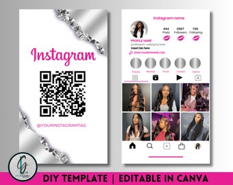 Plantilla de tarjeta de presentación de Instagram rosa y plateada (editable en Canva)