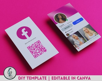 Plantilla de tarjeta de presentación rosa para Facebook / Diseño de código QR editable (Canva)