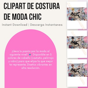 May include: Digital clipart set featuring three illustrations of a fashion-focused character in a black outfit sitting in a chair, with varying hair colors of blonde, brunette, and red. The text reads CLIPART DE COSTURA DE MODA CHIC.