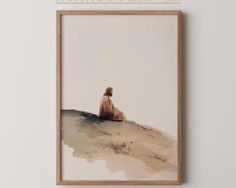 丘の上で祈るイエスの水彩画 – 平和なキリスト教の壁掛けアート（デジタルダウンロード）