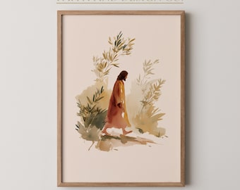 イエス・キリストとオリーブの木立を描いたプリント – 平和なキリスト教の壁掛けアート（デジタルダウンロード）