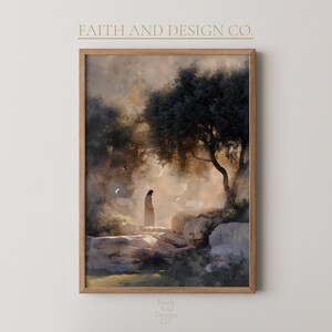 May include: A framed art print featuring a serene landscape with a figure in a long robe standing on a stone path. The artwork is set in a natural environment with trees and soft lighting. The text "FAITH AND DESIGN CO." is at the top.