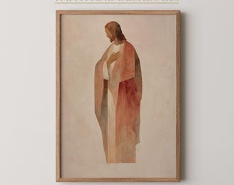 イエス・キリストの水彩画プリント – モダンでニュートラルなキリスト教風ウォールアート（デジタルダウンロード）