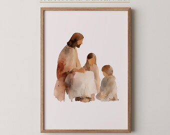 イエスが子供たちを祝福するプリント – 中立的なキリスト教風の子供部屋アート（デジタルダウンロード）