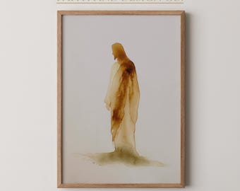 イエス・キリストのシルエット水彩画プリント – モダンでミニマルなキリスト教風ウォールアート、ニュートラルな寝室装飾（デジタルダウンロード）