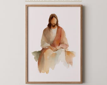 祈るイエスの水彩画プリント – ミニマルなキリスト教の壁掛けアート、祈りの部屋の装飾（デジタルダウンロード）
