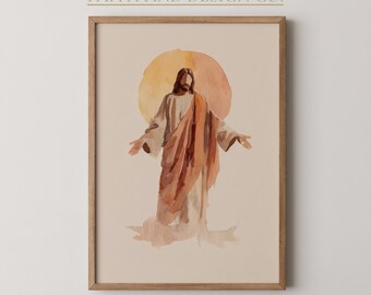 イエス・キリストの両腕を広げた水彩画プリント – ミニマルなキリスト教壁掛けアート（デジタルダウンロード）