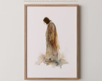 祈るイエスの水彩画プリント – ミニマルなキリスト教壁掛けアート（デジタルダウンロード）