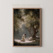 Christ in Garden of Gethsemane Print – Serene Neutral Christian Wall Art, Soft Painterly Fine Art, Modern Spiritual Home Decor