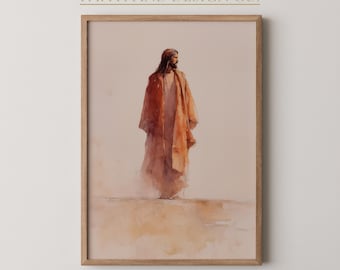 砂漠のイエスを描いた水彩画プリント – 平和なキリスト教美術、祈りの部屋の装飾（デジタルダウンロード）
