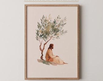イエス・キリストとゲツセマネのオリーブの木を描いたプリント – キリスト教のイースター用ウォールアート（デジタルダウンロード）
