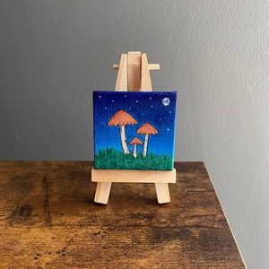 Mini mushroom painting acrylic on canvas | tiny miniature unique handmade gift | gifts for mushroom lover
