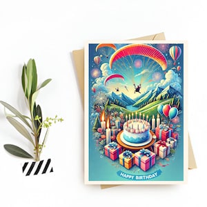 Cartão de aniversário de parapente com impressão digital – Cartão de feliz aniversário para parapente – Presente, cartão postal e lembrança com tema de aventura para meninos e meninas