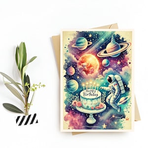 Astronaut Geburtstagskarte Happy Birthday, Kindergeburtstagskarte, Astronauten Karte, Planeten, Geburtstag für Jungen, Mädchen, Geschenk