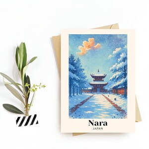 Nara, Japonia, pocztówka podróżnicza – kartka z pozdrowieniami – jelenie, świątynie i starożytne dziedzictwo, cyfrowe pobieranie – pamiątka lub prezent dla podróżników