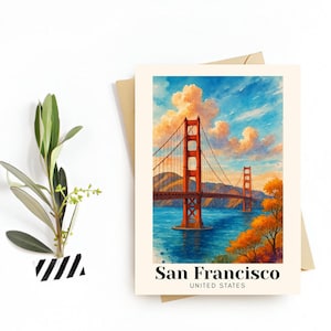 San Francisco Travel Postcard – Greeting Card –Golden Gate Bridge & Cityscape Illustration, Digital Download –Souvenir or Gift for Travelers